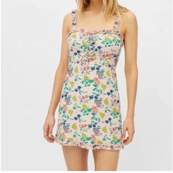 URBAN OUTFITTERS Robin Fruit Mini Lace Up Dress Pink - Picture 3 of 9